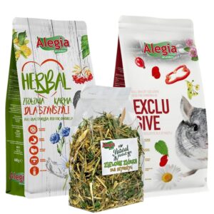 Zestaw Karm dla Szynszyla - Alegia Herbal Szynszyl 600g, Alegia exclusive Szynszyl 700g, Alegia Zielone Ziółka dla Szynszyla 120g