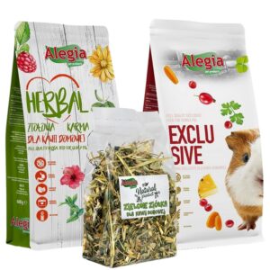 Zestaw Karm dla Świnki Morskiej - Alegia Herbal Świnka Morska 600g, Alegia exclusive Świnka Morska 700g, Alegia Zielone Ziółka dla Świnki Morskiej 100g